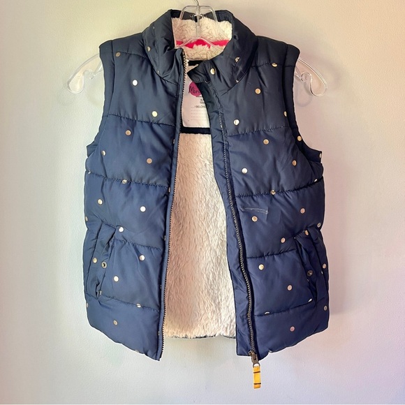 Mini Boden Navy Puffer Vest with Gold Polka Dots Faux Fur Lined - Picture 5 of 8